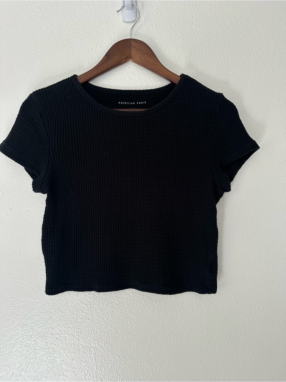 American Eagle Black Waffle Short Sleeve Crop Top